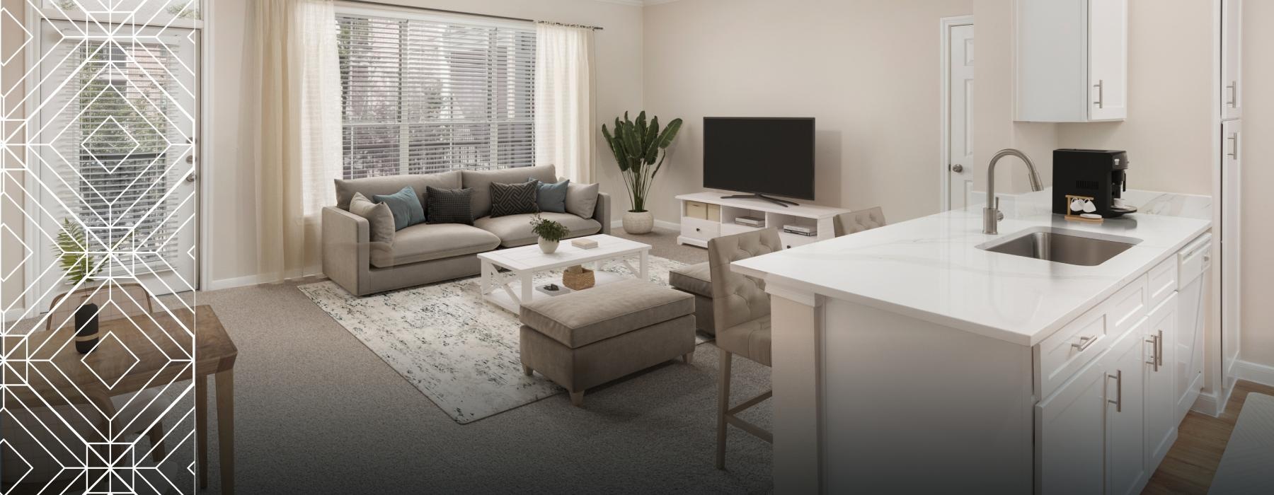 Wide open living areas perfect for entertaining a kitchen island and living room beyond it