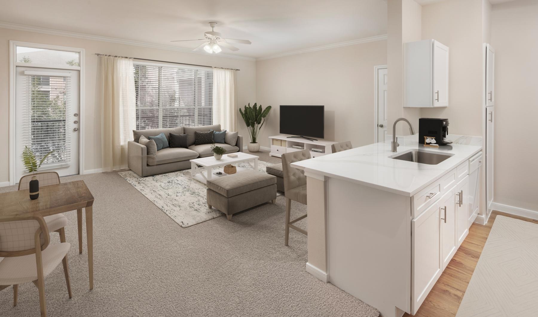 a living room with a couch and a table