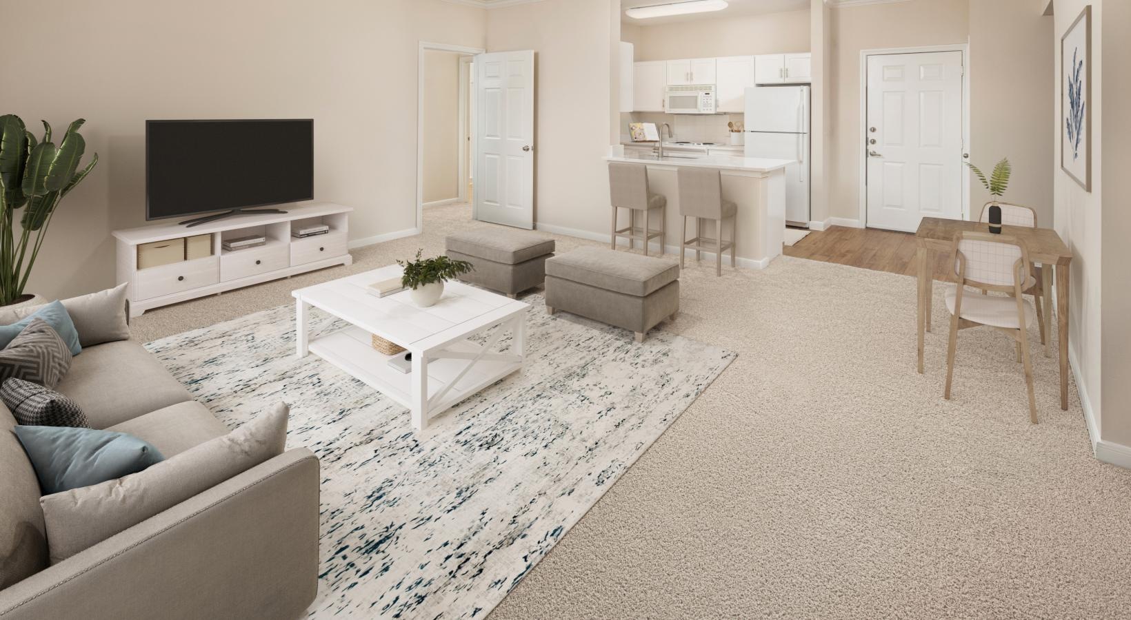 Generous living spaces to relax and unwind a living room with a white table and a white couch and tv