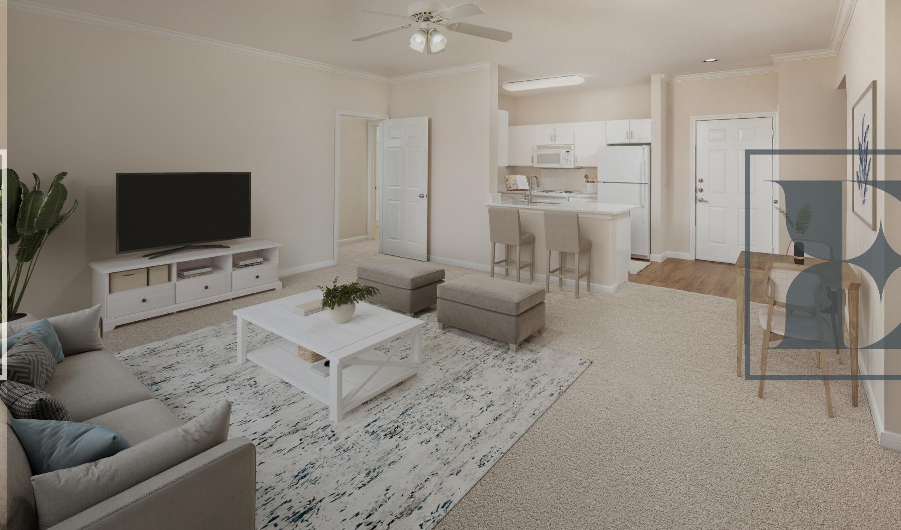 Generous living spaces to relax and unwind a living room with a table and chairs and couch and tv