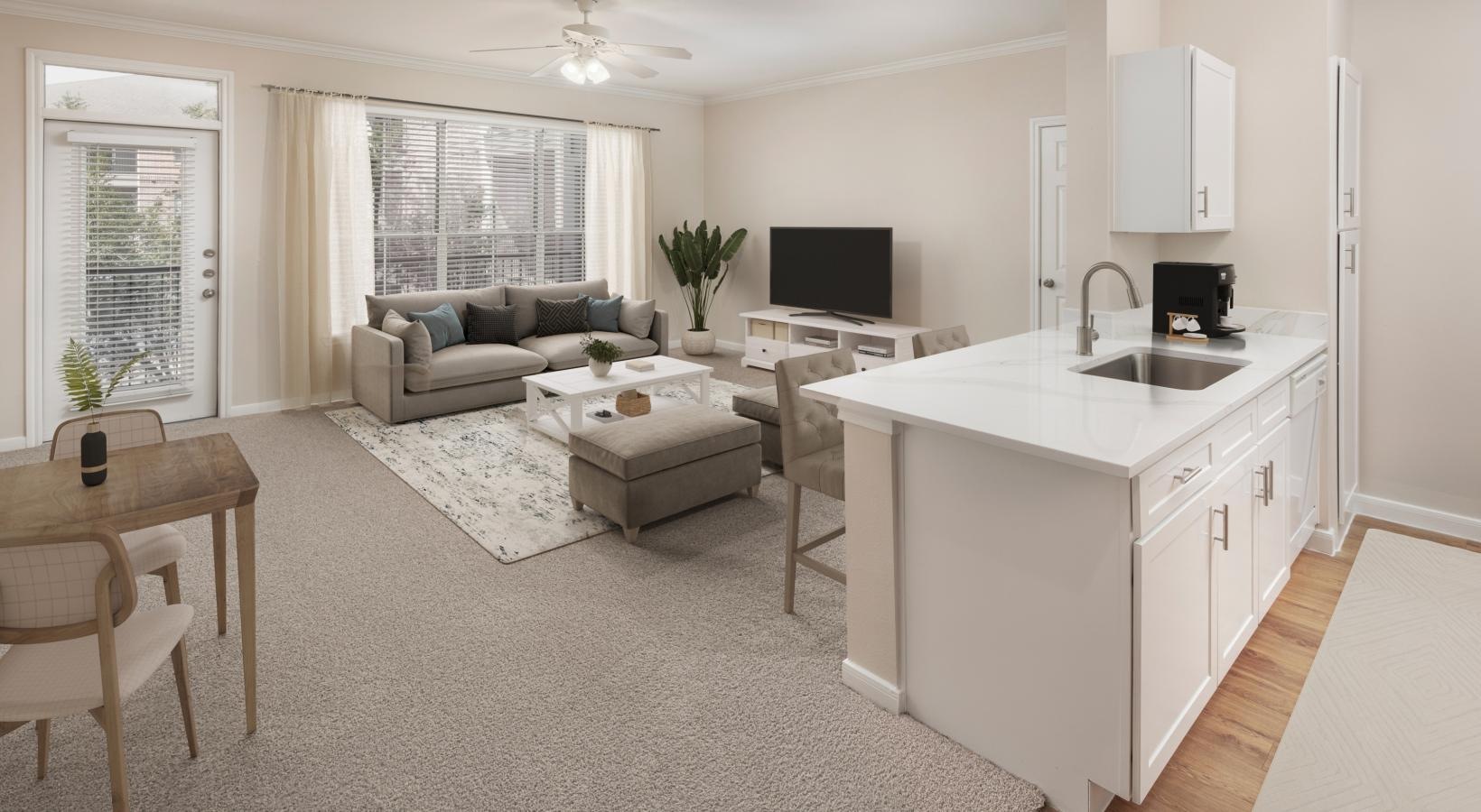 Spacious living areas to recline and recharge a living room with a couch and a dining table